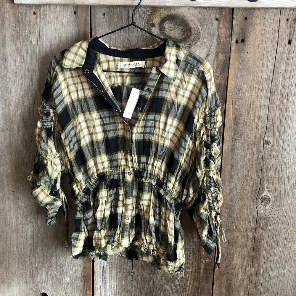 Free People Black Plaid Ruched Sleeve Pacific Dawn Button Down Shirt Small